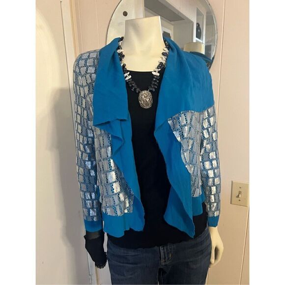 NWT Lan Vie Dramatic Blue and Silver Open Front Flowy Kimono Topper Dressy M - Picture 1 of 13